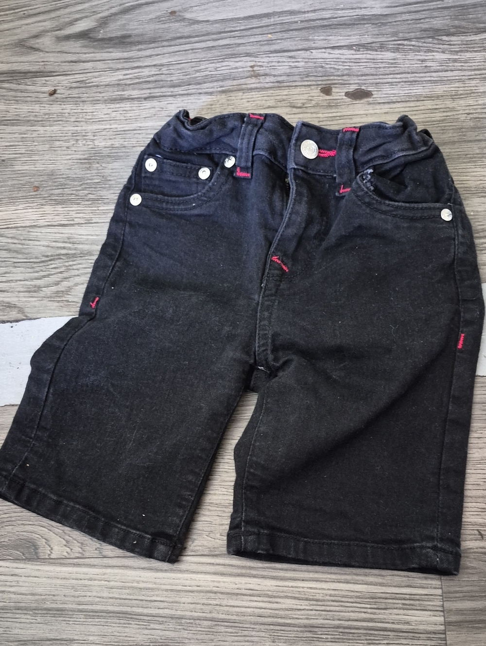 True Religion Kids Black Denim Shorts with Red Stitch Accents
